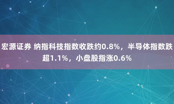 宏源证券 纳指科技指数收跌约0.8%，半导体指数跌超1.1%，小盘股指涨0.6%